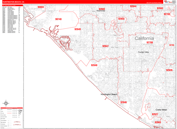 Huntington Beach City Digital Map Red Line Style